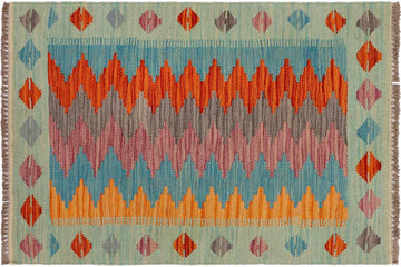 Flat Weave Kilim, Antique, Navaho, Vintage, Handmade, Modern Kilim Blue Rust Hand-Woven Rectangle 100% Wool Area Rug 2 x 3